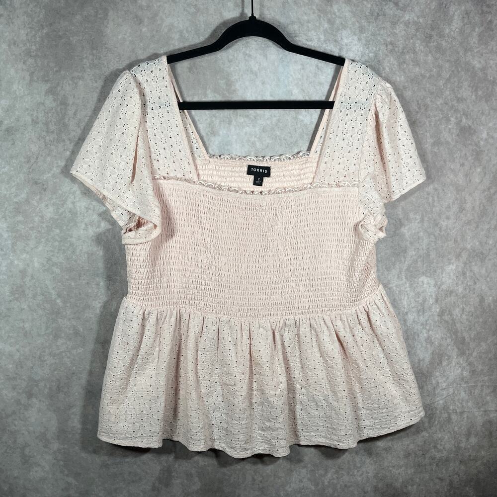 Torrid Blouse Womens 2X Pink Smocked Eyelet Babydoll Peplum Square Neck Boho